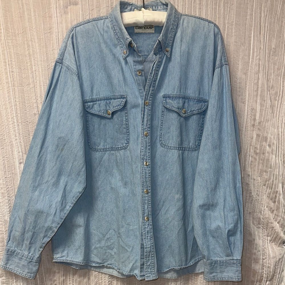 campus 1X Vintage Wash Upcycled Denim Blue Long Sleeve Shirt Snow Leopard Back